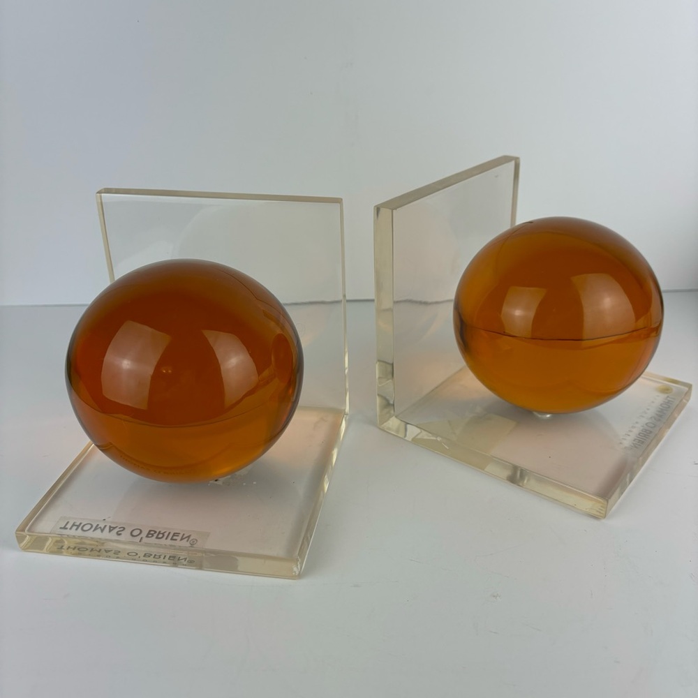Vintage Modern Thomas O’Brian-Amber Lucite Sphere Bookends - Pair - Picture 2 of 15